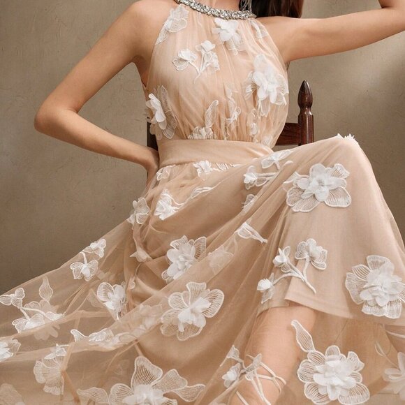 Dresses & Skirts - Apricot Elegant Women's 3D Floral Rhinestone Mesh Sleeveless Fitted Waist Dress